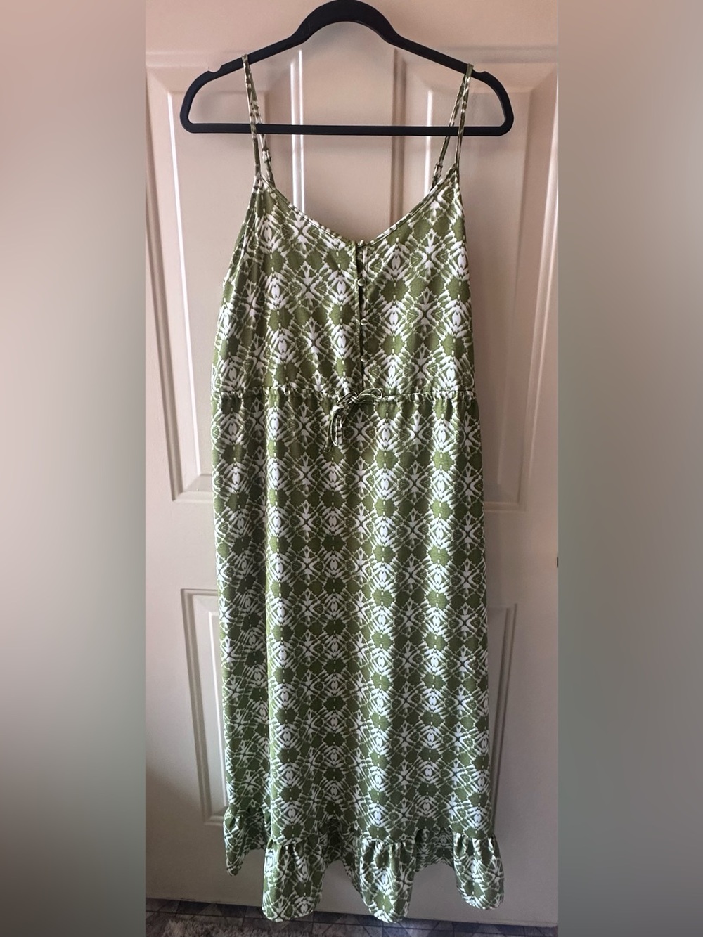 Olive Green Printed Maxi Dress with Tie Waist